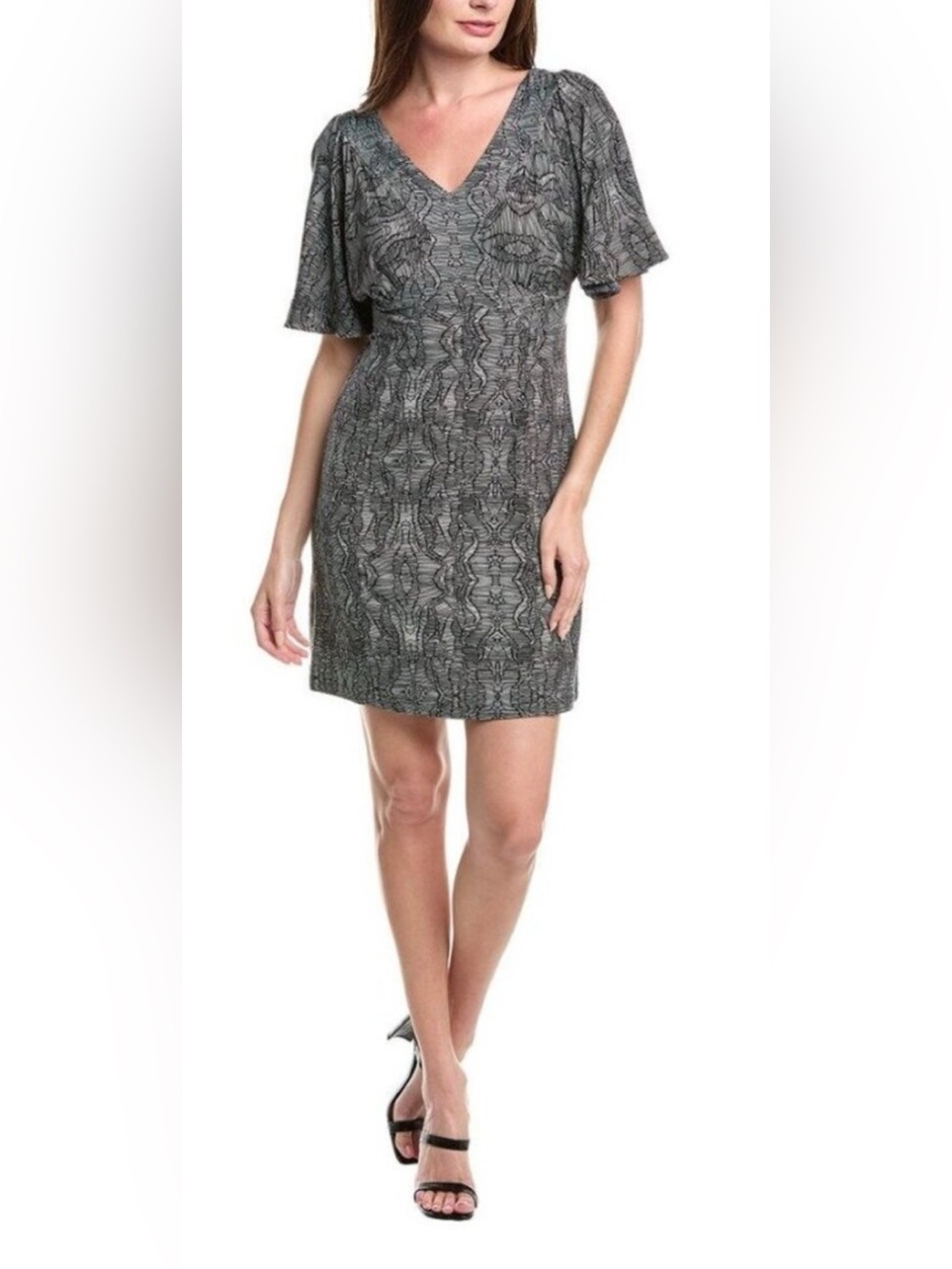 Cabi Dress 4641 Twirl Black & White Jersey V Front & Back Flutter Short Sleeve M